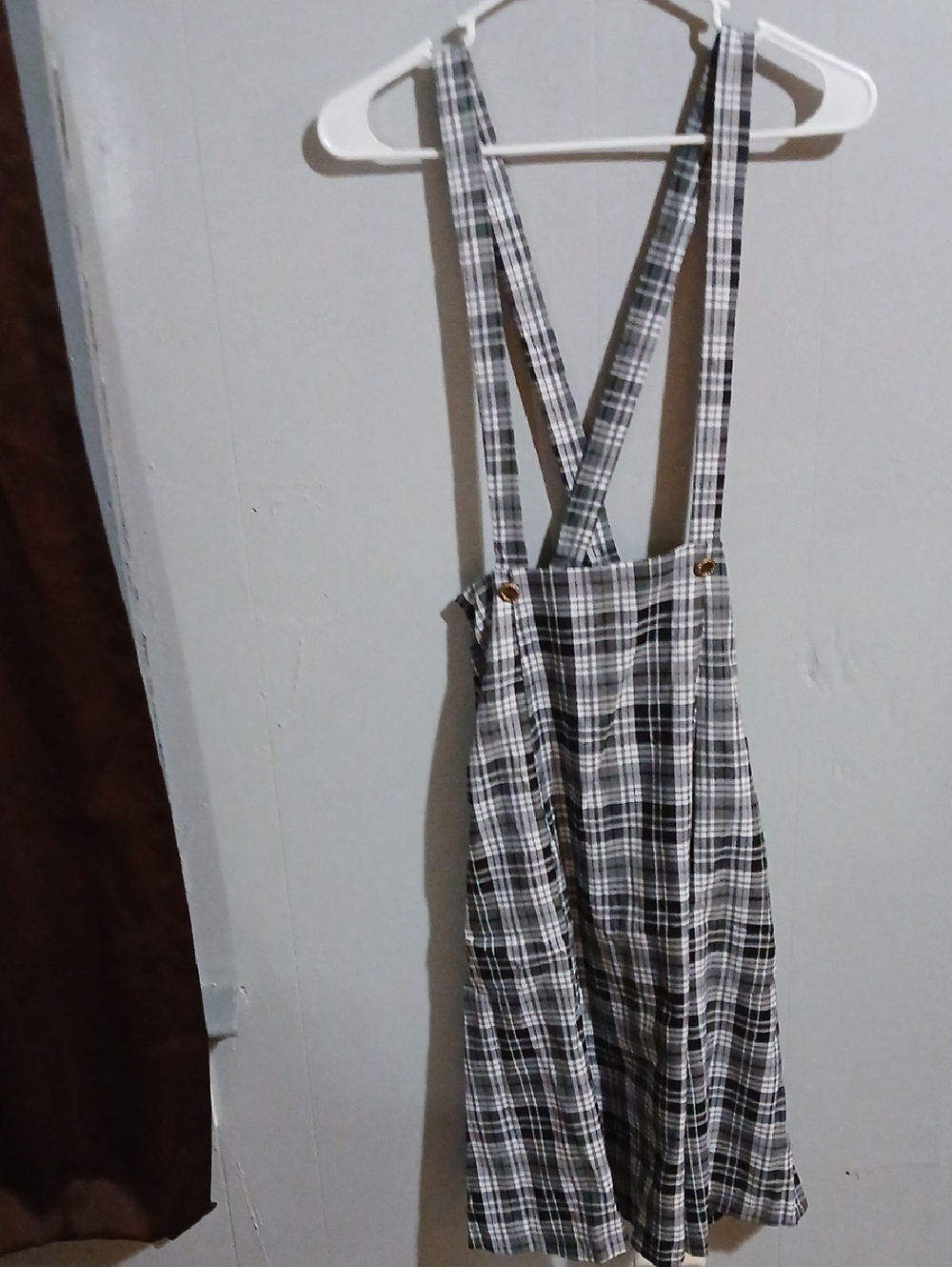 Allegra K Black & White Plaid Suspender Skirt